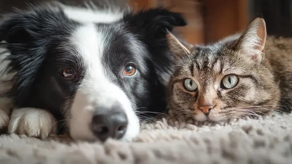 Border Collie with cat resting together peacefully: A black-and-white Border Collie lying calmly next to a relaxed tabby cat, showcasing their gentle bond and compatibility as ideal multi-pet companions.