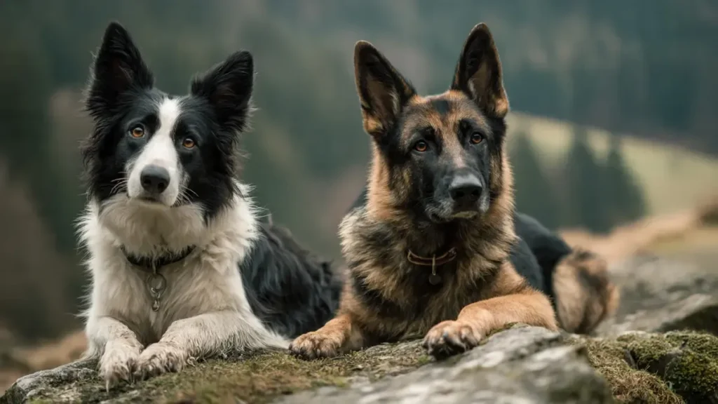 Border Collie and German Shepherd lying together peacefully: A joyful black-and-white Border Collie and tan-and-black German Shepherd resting side by side on lush green grass, showcasing their compatibility and friendly bond.