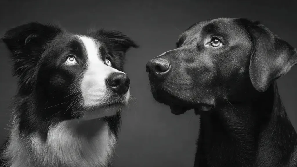 Border Collie and Labrador Retriever playing together: A joyful black-and-white Border Collie and a golden Labrador Retriever enjoying outdoor playtime, showcasing their energetic bond and compatibility as ideal companions for active families.