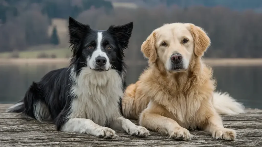 Border Collie with Golden Retriever playing together: A black-and-white Border Collie and a golden Golden Retriever enjoying a peaceful moment outdoors, showcasing their gentle bond and compatibility as ideal family companions