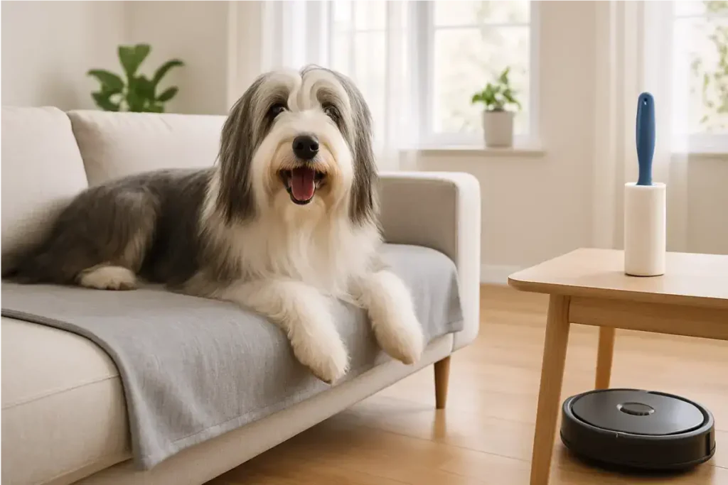 A fluffy Old English Sheepdog with long gray-and-white shaggy fur lounges happily on a light gray couch in a bright, modern living room, tongue out and eyes sparkling; nearby, a blue-handled lint roller stands on a white tube beside a wooden side table, while a black robot vacuum cleaner rests on the light wood floor, with potted plants and sheer-curtained windows in the softly lit background.