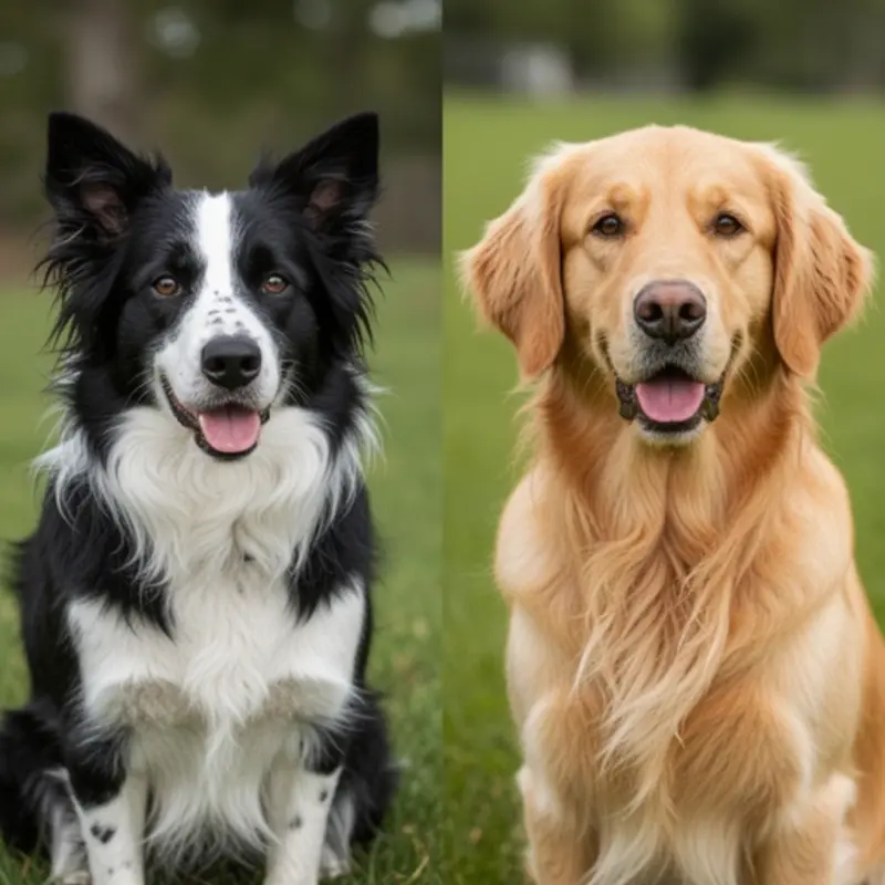 Border Collie vs Golden Retriever: Which Dog is Right for Your Family? 3 Side-by-side outdoor portrait of a black-and-white Border Collie and a golden Golden Retriever sitting happily on green grass, emphasizing their breed differences in coat and expression.