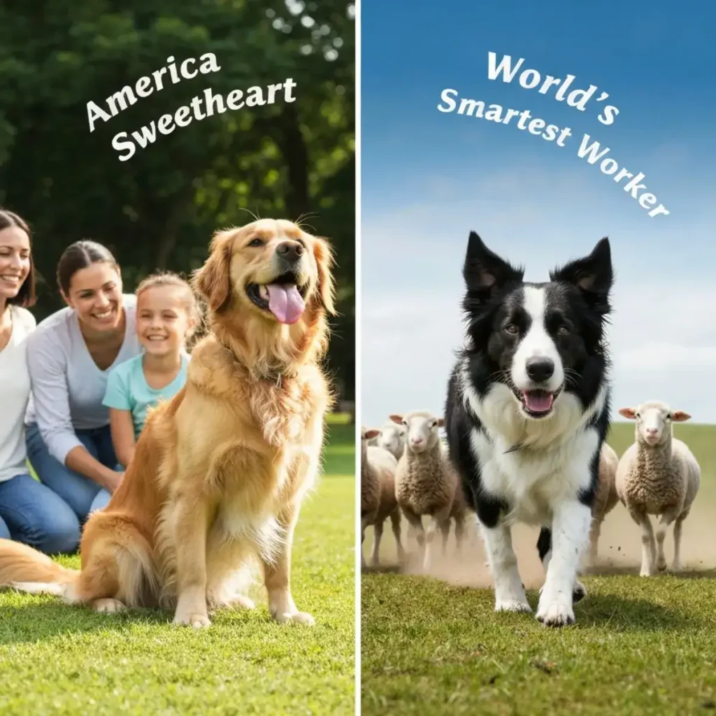 Border Collie vs Golden Retriever: Which Dog is Right for Your Family? 4 Split-image comparison: A Golden Retriever cuddling with a happy family on lush grass labeled "America's Sweetheart" (left), versus a Border Collie herding sheep in a field labeled "World's Smartest Worker" (right), showcasing breed stereotypes.