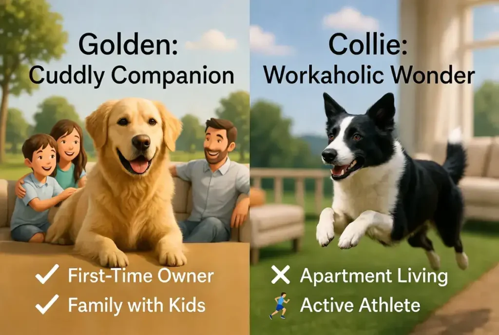 Border Collie vs Golden Retriever: Which Dog is Right for Your Family? 5 Illustrated split-image contrasting a cuddly Golden Retriever with a family (left) and a dynamic leaping Border Collie (right), with lifestyle icons for first-time owners vs. active athletes.