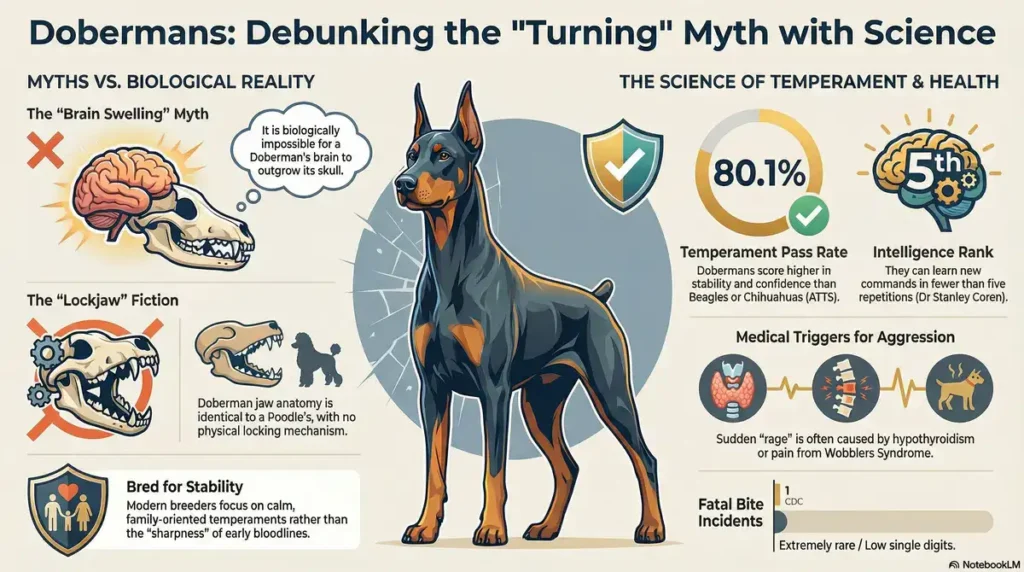 Do Dobermans Turn on Their Owners? Science, Statistics & the Real Truth 4 Infographic debunking Doberman 'turning' myths: Shows brain swelling impossible due to skull anatomy, no lockjaw mechanism compared to Poodle, high temperament stability pass rate of 80.1%, 5th in intelligence ranking, medical triggers like hypothyroidism or Wobblers Syndrome for aggression, and rare fatal bite incidents per CDC data. Features a confident black and tan Doberman standing profile with icons and checkmarks.