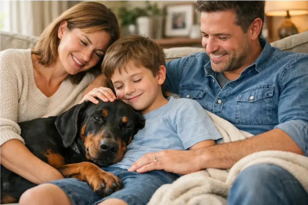 Do Dobermans Turn on Their Owners? Science, Statistics & the Real Truth 5 Doberman Pinscher cuddling with a happy family on the couch, including parents and a young boy, showing the breed's affectionate and gentle nature