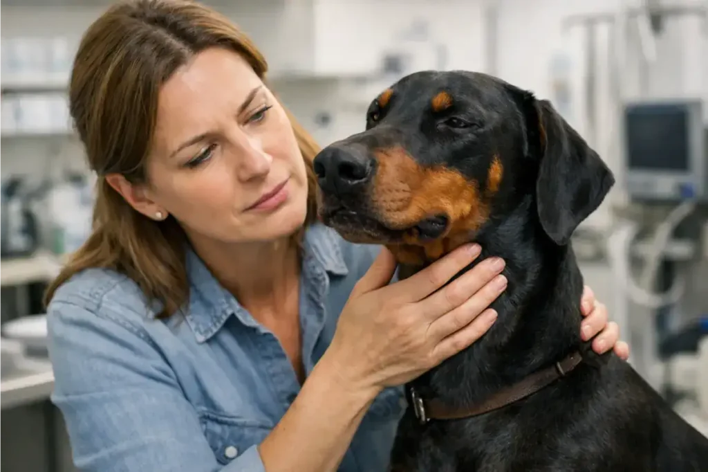 Do Dobermans Turn on Their Owners? Science, Statistics & the Real Truth 3 Doberman Pinscher receiving a gentle veterinary examination, with vet gently holding the dog's head and neck in a clinical setting