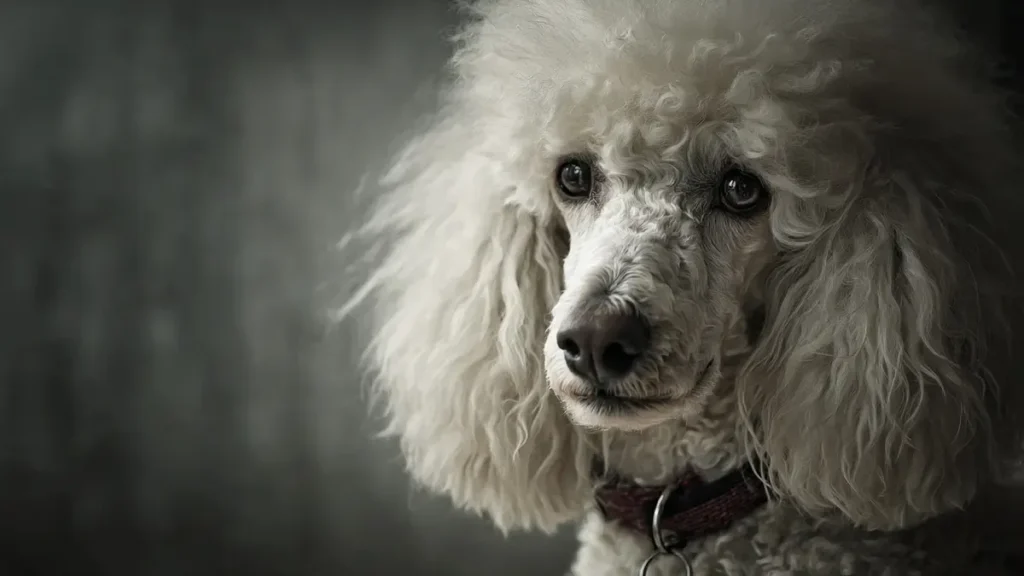A well-groomed Miniature Poodle sitting calmly on a modern apartment couch, illustrating their adaptability to urban lifestyles and suitability for first-time owners in 2026.