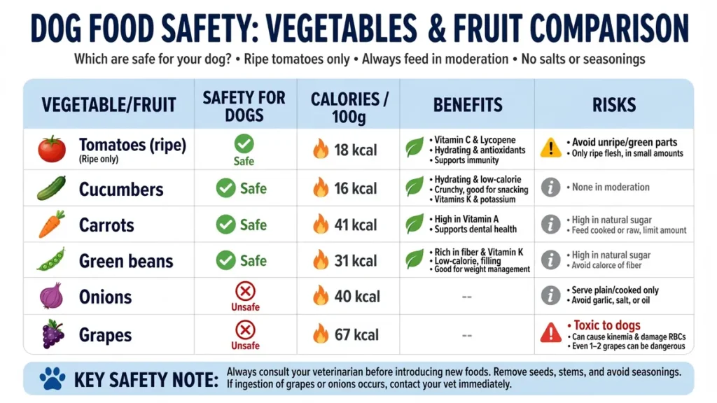 Can Dogs Eat Tomatoes? The Shocking Truth About What’s Safe (and Toxic!) 8 Comparison table of common vegetables and fruits for dogs showing safety ratings, calories, benefits, and risks for ripe tomatoes, cucumbers, carrots, green beans, onions, and grapes