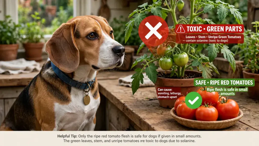 Can Dogs Eat Tomatoes? The Shocking Truth About What’s Safe (and Toxic!) 7 Beagle dog with a blue collar looking cautiously at a potted tomato plant with green unripe tomatoes, next to a basket of ripe red tomatoes, with safety warning labels about toxic green parts and safe ripe tomatoes