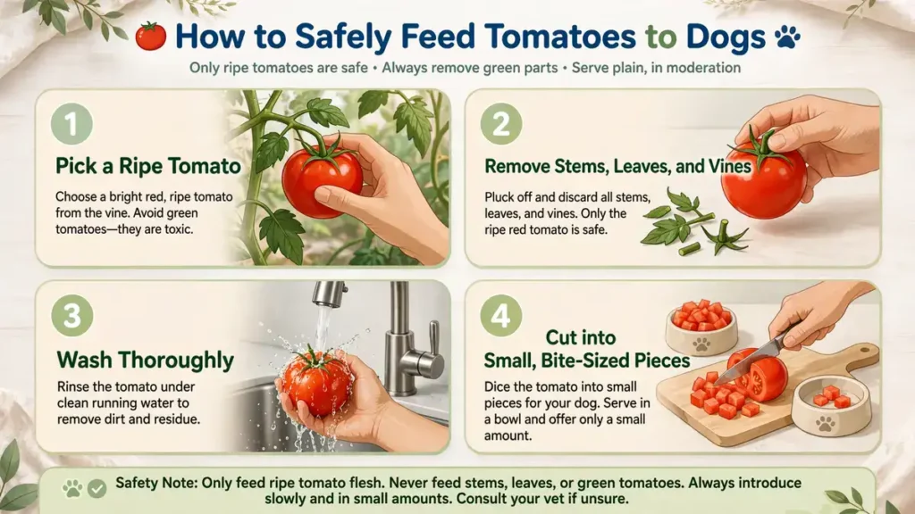 Can Dogs Eat Tomatoes? The Shocking Truth About What’s Safe (and Toxic!) 5 Illustrated four-step guide showing how to pick a ripe tomato, remove stems and leaves, wash it thoroughly, and cut it into small bite-sized pieces for safe feeding to dogs