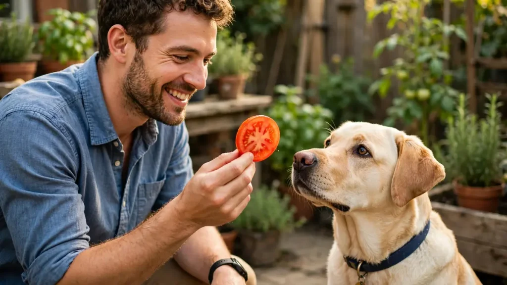Can Dogs Eat Tomatoes? The Shocking Truth About What’s Safe (and Toxic!) 9 Smiling man in a blue shirt holding out a fresh red tomato slice to a yellow Labrador retriever with a blue collar in a sunny garden setting