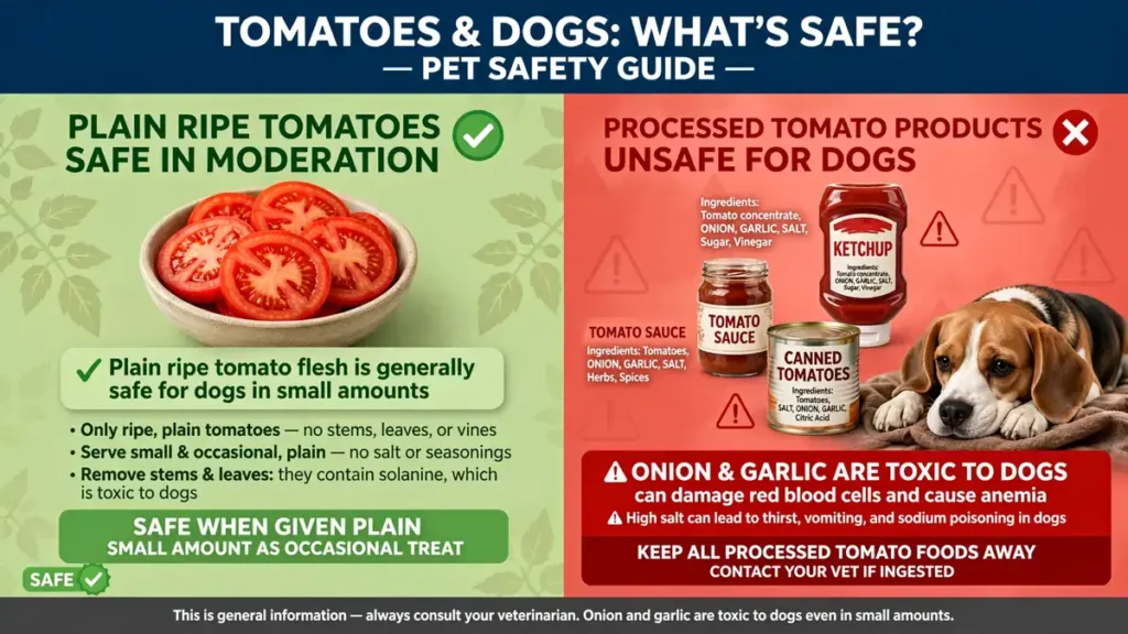 Can Dogs Eat Tomatoes? The Shocking Truth About What’s Safe (and Toxic!) 6 Split educational poster comparing safe plain ripe tomatoes for dogs on the left with unsafe processed tomato products like ketchup, sauce, and canned tomatoes on the right, featuring a beagle and safety warnings about onion, garlic, and high salt