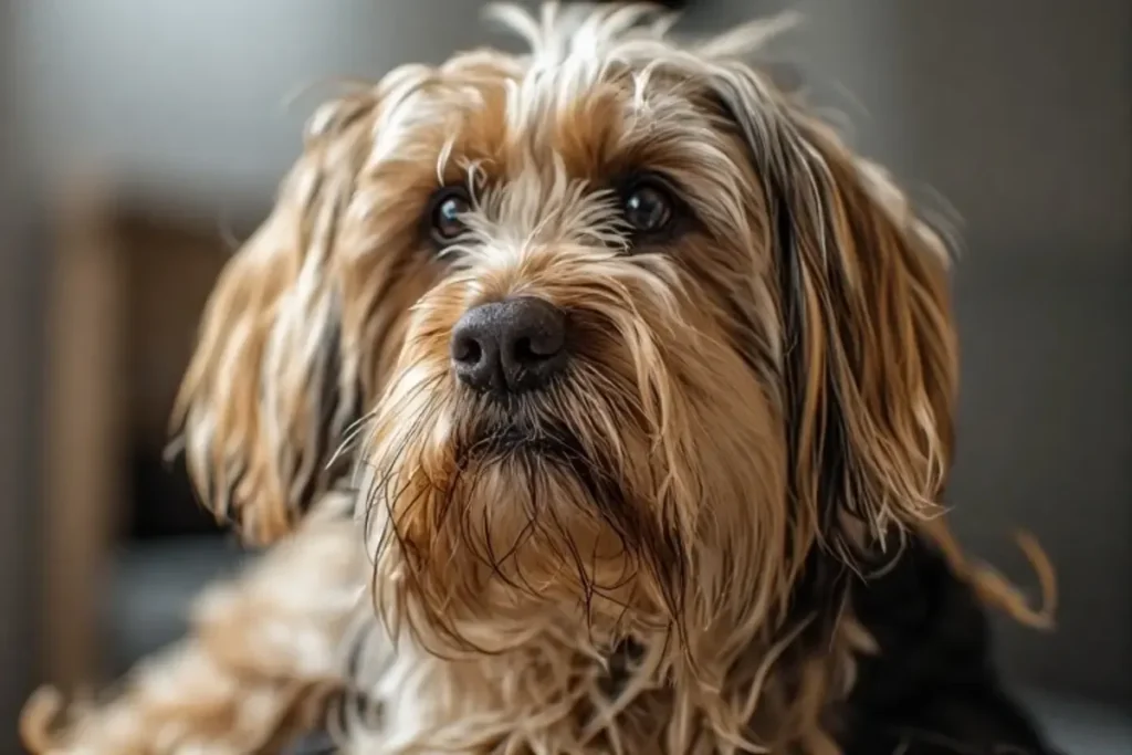 
A close-up of a long-haired dog receiving proper grooming, showcasing a shiny, tangle-free coat achieved through brushing and mat prevention
