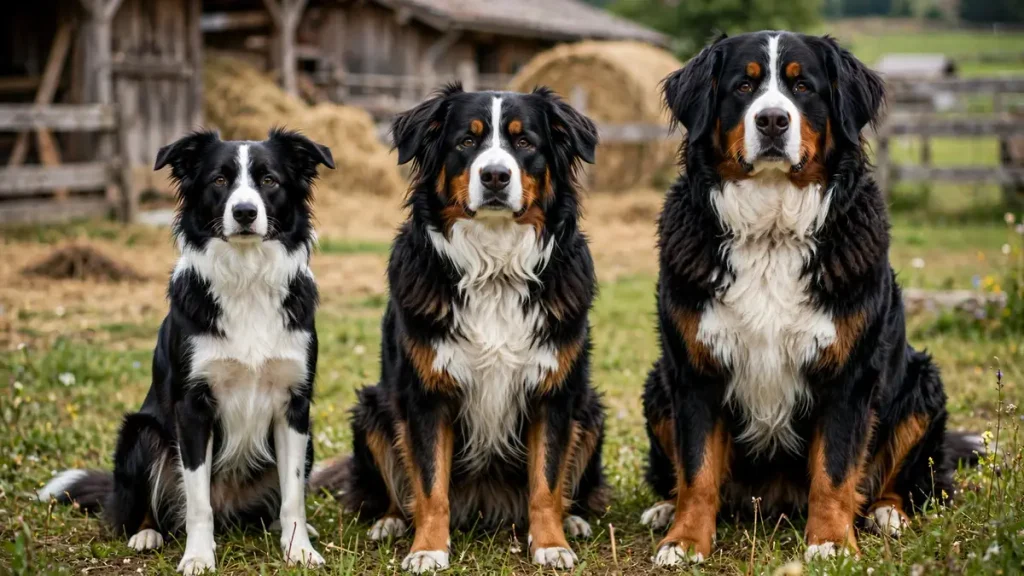 Three dogs sitting side by side on a grassy farm: a black-and-white Border Collie on the left, a tri-colored Bordernese (Border Collie × Bernese Mountain Dog mix) in the center, and a full Bernese Mountain Dog on the right, with wooden barns and hay bales in the background