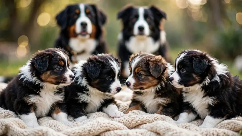 Four adorable Bordernese (Border Collie × Bernese Mountain Dog) puppies with mixed black, white, and brown coats resting together on a beige knitted blanket, with two adult tri-colored parent dogs softly blurred in the background