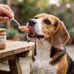 Beagle dog happily licking creamy peanut butter from a spoon held by a person, with a jar of 100% peanuts no-xylitol peanut butter on a wooden table in a garden