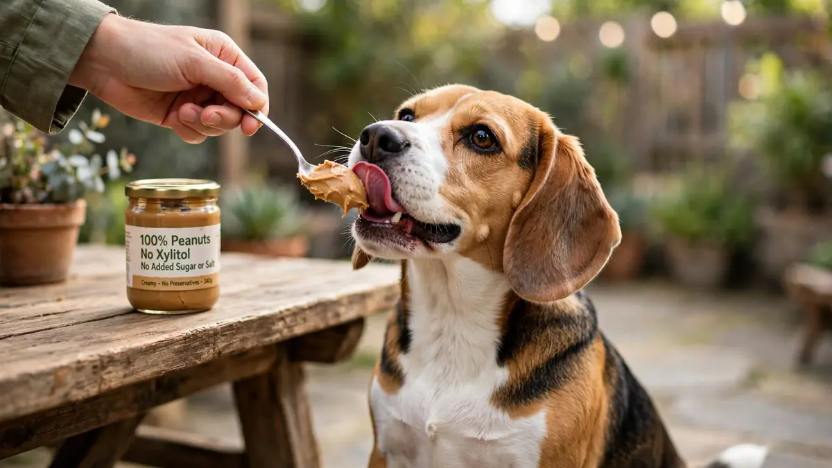 Beagle dog happily licking creamy peanut butter from a spoon held by a person, with a jar of 100% peanuts no-xylitol peanut butter on a wooden table in a garden