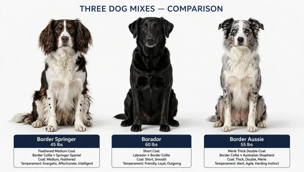 Side-by-side studio comparison of three mixed-breed dogs sitting against a white background: brown-and-white Border Springer on the left, solid black Borador in the center, and blue merle Border Aussie on the right, each with weight, coat, parentage, and temperament labels below