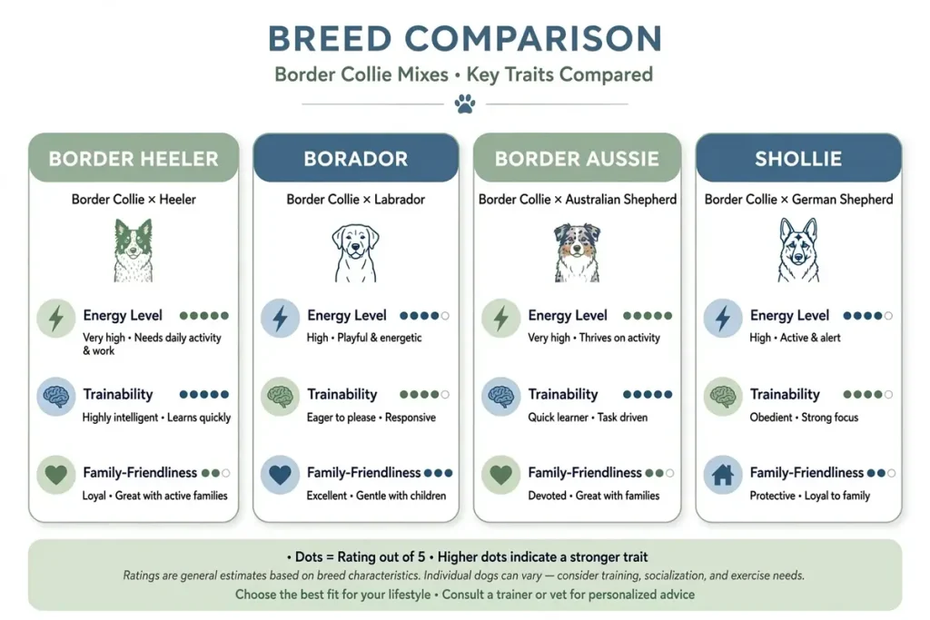 Infographic comparing four popular Border Collie mixes: Border Heeler, Borador, Border Aussie, and Shollie. Shows energy level, trainability, and family-friendliness ratings with brief descriptions for each mix.