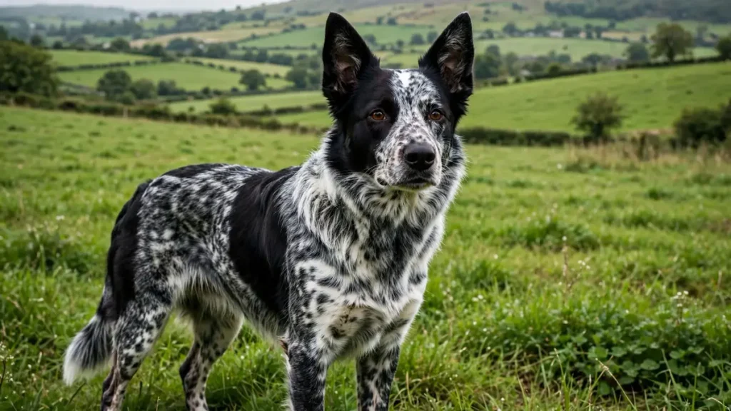Border Heeler (Border Collie × Australian Cattle Dog mix) with black and white speckled coat standing alert in a lush green rolling field with hills in the background.