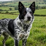 Border Heeler (Border Collie × Australian Cattle Dog mix) with black and white speckled coat standing alert in a lush green rolling field with hills in the background.