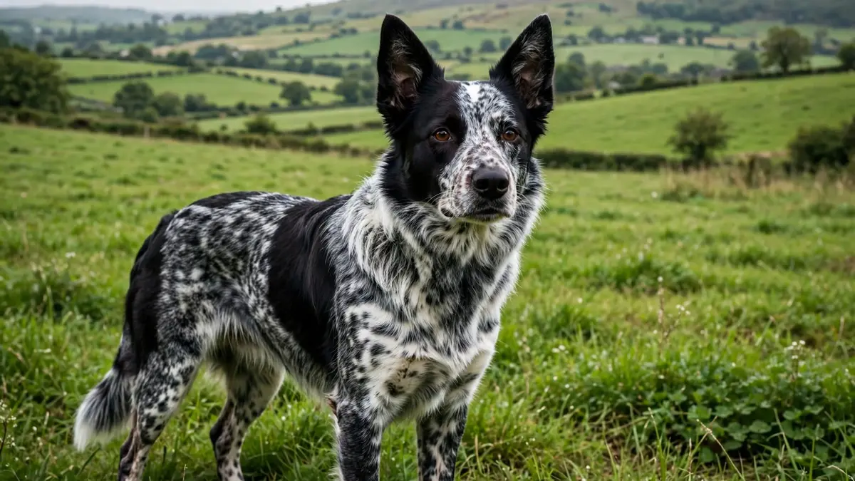 Border Heeler (Border Collie × Australian Cattle Dog mix) with black and white speckled coat standing alert in a lush green rolling field with hills in the background.