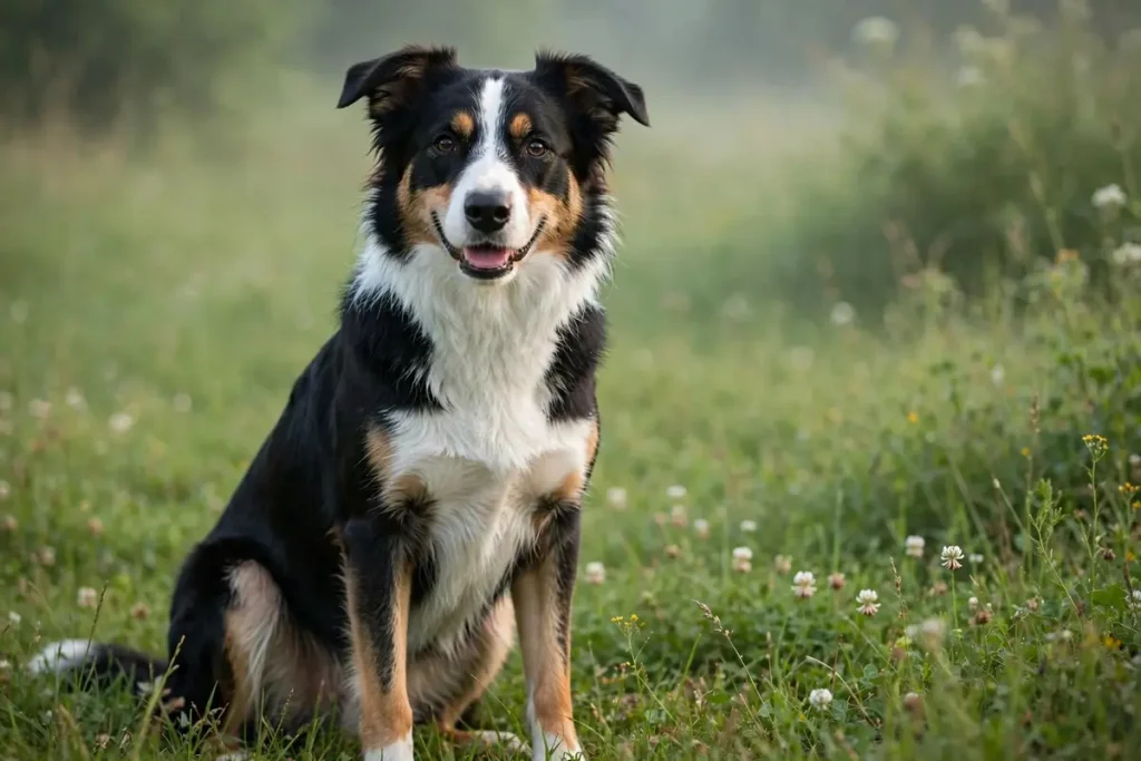 Tri-color Border Collie dog with black, white, and tan coat sitting upright in a grassy field with white clover flowers, looking happily at the camera on a soft misty morning