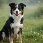 Tri-color Border Collie dog with black, white, and tan coat sitting upright in a grassy field with white clover flowers, looking happily at the camera on a soft misty morning