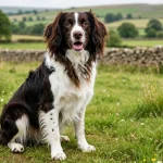 Happy brown and white Border Springer dog sitting on a grassy meadow with stone walls and countryside hills in the background