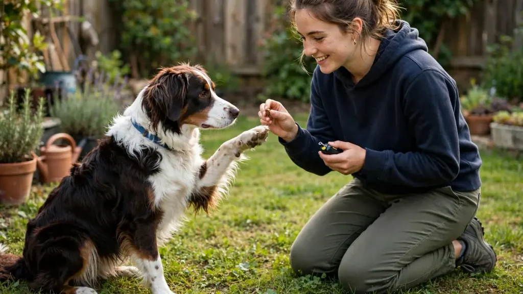 Young woman kneeling in a backyard garden smiling while training a tri-color Border Springer dog that is lifting its paw for a treat, with a clicker in her other hand