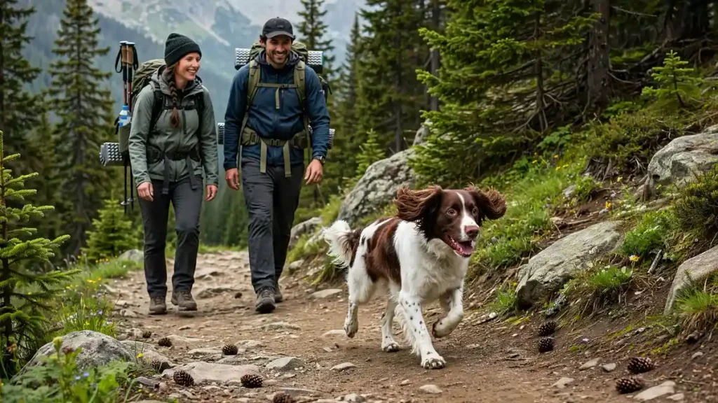 Brown and white Border Springer dog joyfully running toward the camera on a rocky mountain trail, with a smiling couple of hikers carrying backpacks walking behind in a pine forest