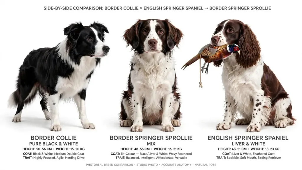 Side-by-side comparison of three dogs: pure black and white Border Collie standing on the left, brown and white Border Springer Sprollie mix sitting in the center, and liver and white English Springer Spaniel sitting on the right holding a pheasant