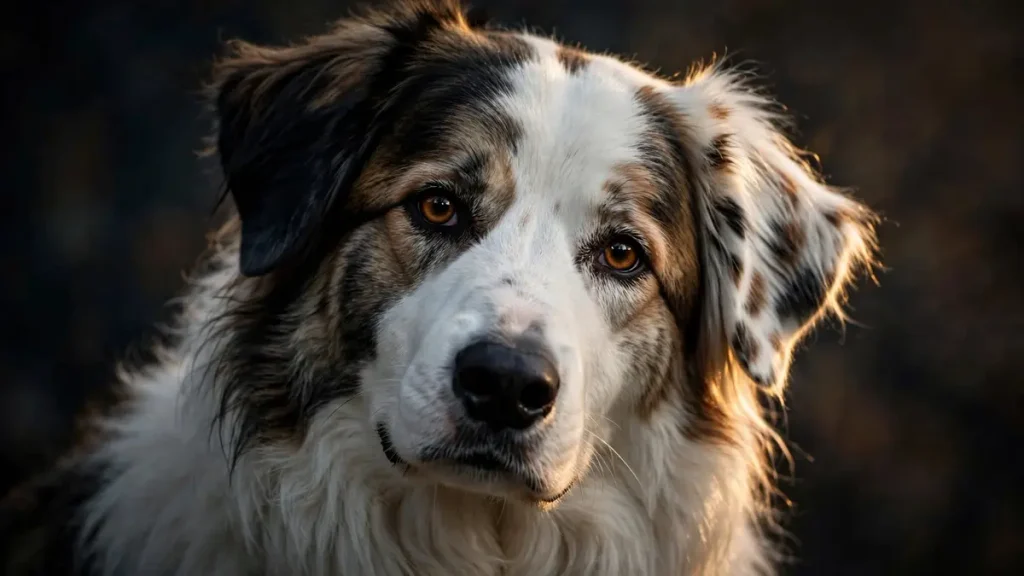 Close-up portrait of a Border Collie × Great Pyrenees mix dog with a fluffy white, brown, and black coat, amber eyes, and soft golden lighting against a dark background
