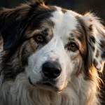 Close-up portrait of a Border Collie × Great Pyrenees mix dog with a fluffy white, brown, and black coat, amber eyes, and soft golden lighting against a dark background