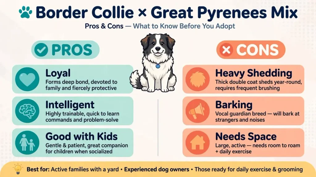 Infographic showing pros and cons of the Border Collie × Great Pyrenees mix, featuring a cartoon illustration of the dog in the center. Pros include loyal, intelligent, and good with kids. Cons include heavy shedding, barking, and needs space. Best suited for active families with a yard, experienced dog owners, and those ready for daily exercise and grooming.