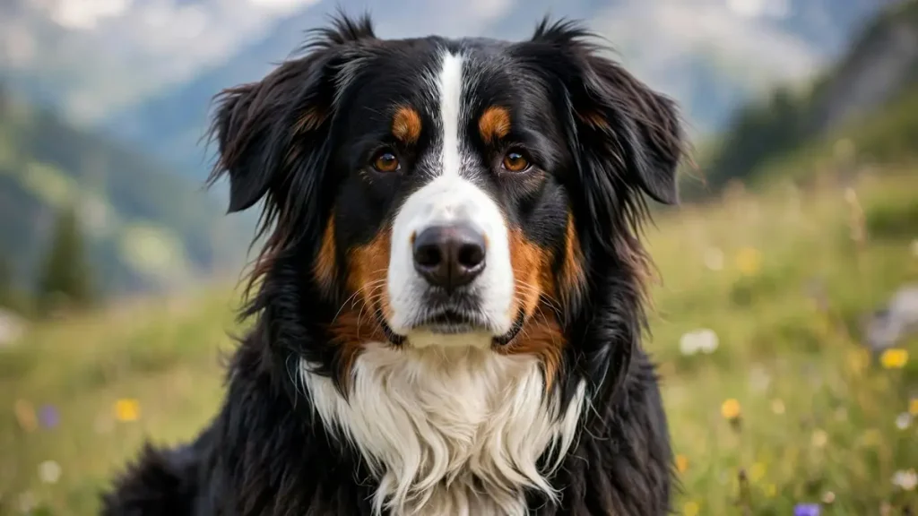 Close-up of a Bordernese (Border Collie × Bernese Mountain Dog mix) with black, white, and tan tri-color coat looking calmly at the camera in a sunny alpine meadow