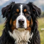 Close-up of a Bordernese (Border Collie × Bernese Mountain Dog mix) with black, white, and tan tri-color coat looking calmly at the camera in a sunny alpine meadow