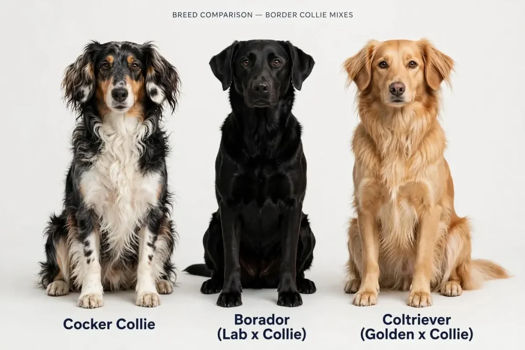 Side-by-side breed comparison of three Border Collie mixes: a merle Cocker Collie, a black Borador (Lab × Collie), and a golden Coltriever (Golden Retriever × Collie) sitting against a white background