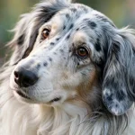Close-up of a Cocker Collie mix dog with a striking blue merle and white coat, soft long ears, warm brown eyes, and a gentle expression looking slightly to the side