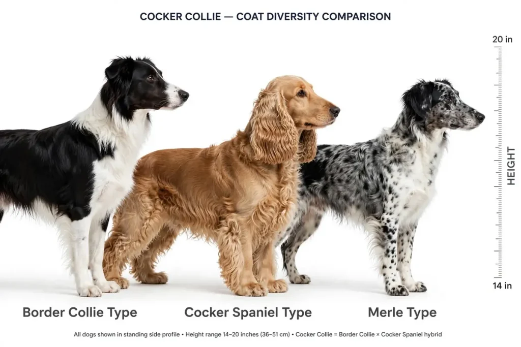 Side-by-side comparison of three Cocker Collie coat types: black-and-white Border Collie type, golden Cocker Spaniel type, and blue merle type, shown in standing profile with height scale