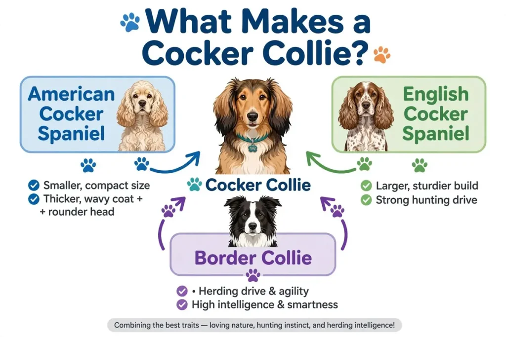 Infographic explaining what makes a Cocker Collie, showing contributions from American Cocker Spaniel, English Cocker Spaniel, and Border Collie parent breeds with key traits