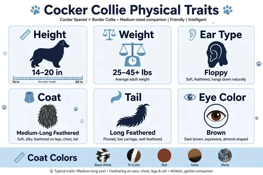 Infographic of Cocker Collie physical traits showing height 14–20 inches, weight 25–45+ lbs, floppy ears, medium-long feathered coat, long feathered tail, brown eyes, and common coat colors including black-white, tri-color, red, sable, and merle