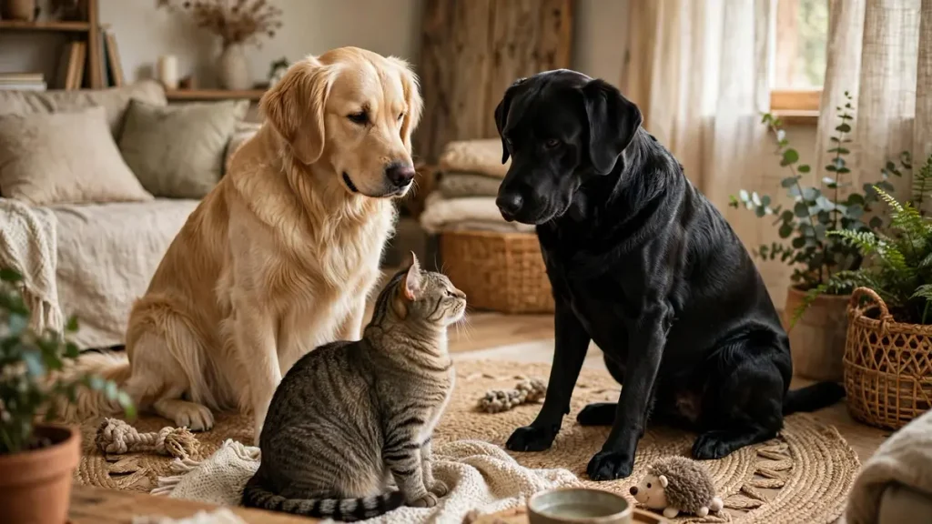Golden Retriever, black Labrador Retriever, and tabby cat sitting together on a woven rug in a cozy living room with toys and plants