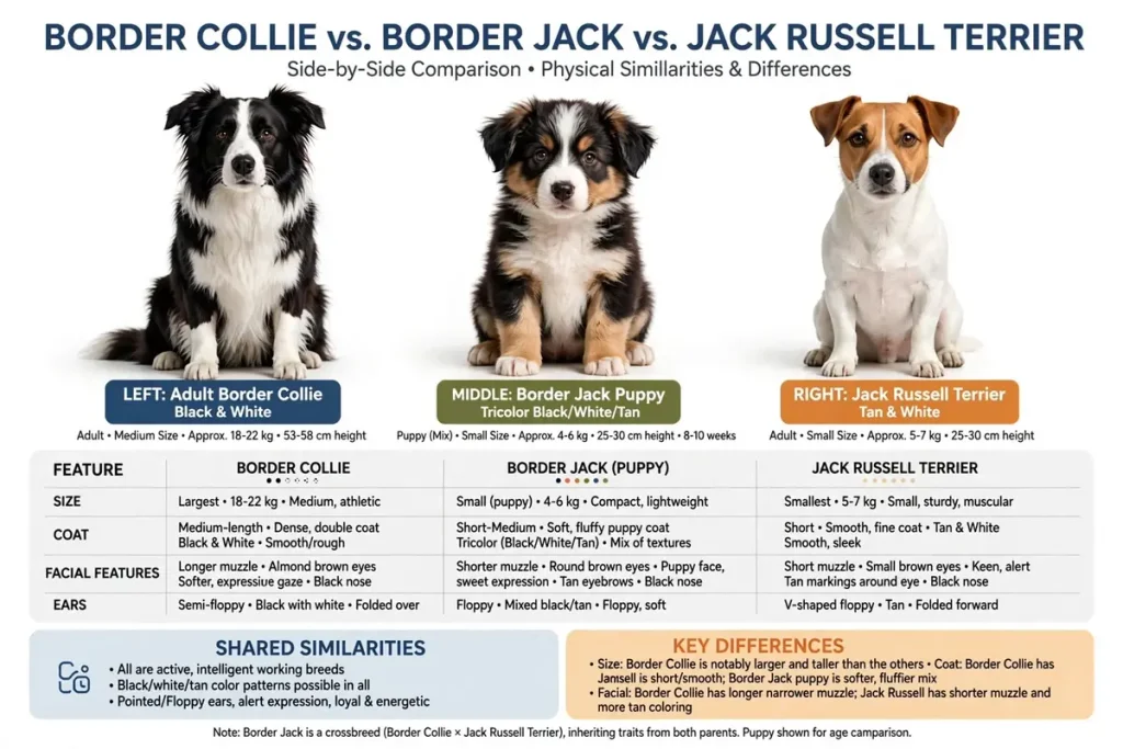 Infographic comparing Border Collie, Border Jack puppy, and Jack Russell Terrier side by side, showing physical differences in size, coat, facial features, and ears with a detailed comparison table