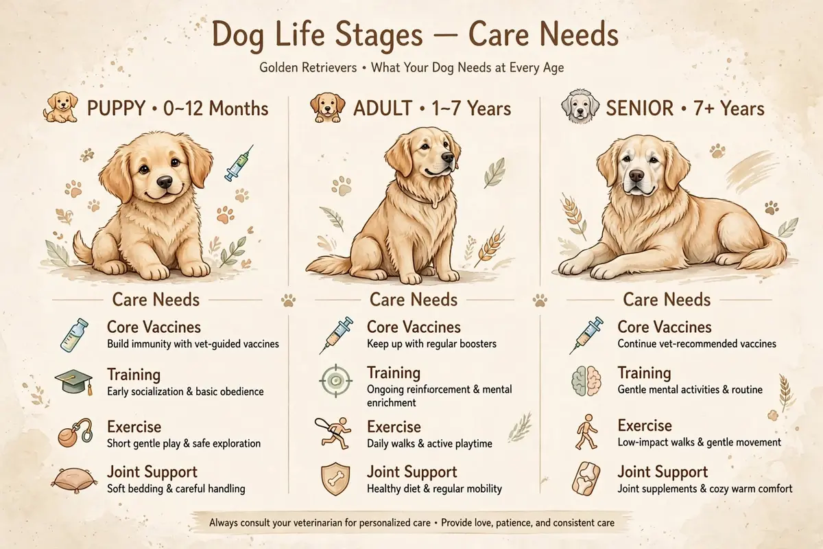 nfographic showing Golden Retriever care needs across three life stages: Puppy (0โ12 months) with core vaccines, early socialization training, short gentle play, and soft bedding; Adult (1โ7 years) with vaccine boosters, ongoing training, daily walks, and healthy diet for mobility; Senior (7+ years) with continued vaccines, gentle mental activities, low-impact walks, and joint supplements for comfort.