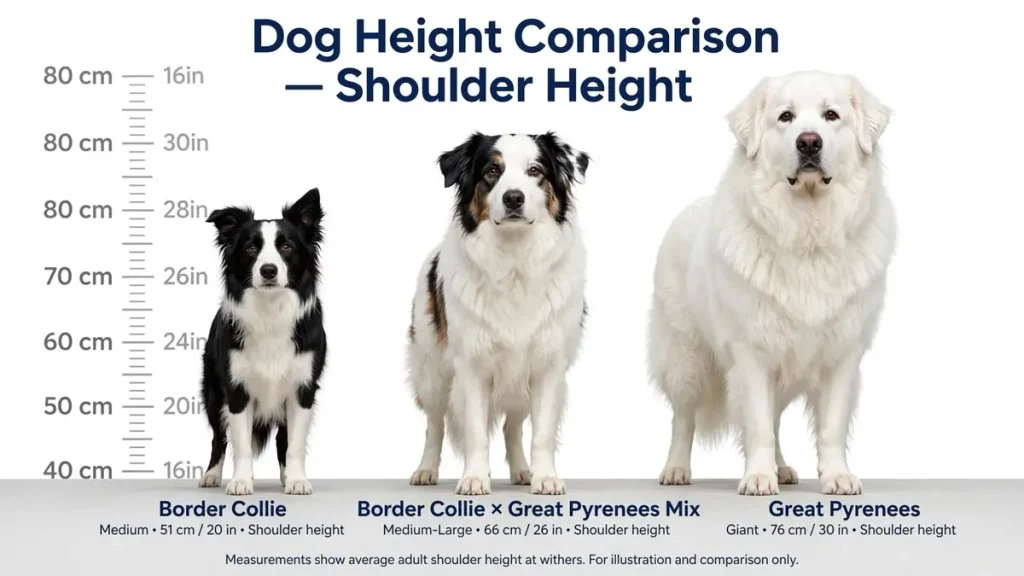 Dog height comparison chart showing average adult shoulder height at the withers for a Border Collie (51 cm / 20 in), a Border Collie × Great Pyrenees mix (66 cm / 26 in), and a Great Pyrenees (76 cm / 30 in)