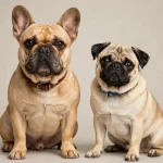 Fawn French Bulldog with bat ears and brown collar sitting next to a fawn Pug with black ears and blue collar against a neutral background