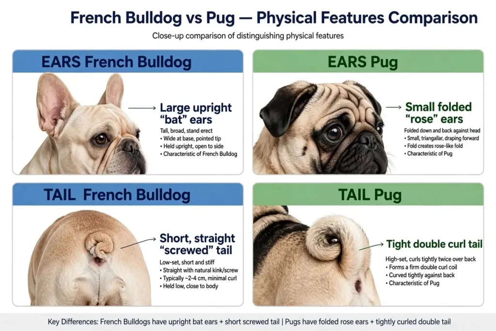 Infographic comparing French Bulldog and Pug physical features: upright bat ears and short screwed tail on French Bulldog versus folded rose ears and tight double curl tail on Pug