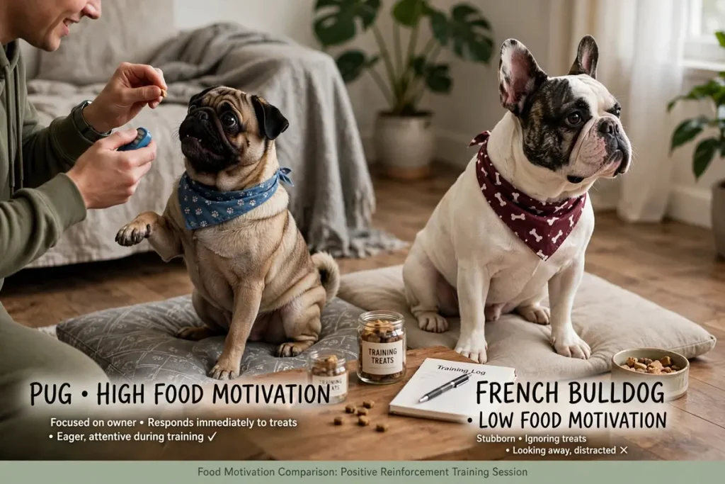 Pug with high food motivation eagerly reaching for a treat next to a French Bulldog with low food motivation looking away during a positive reinforcement training session